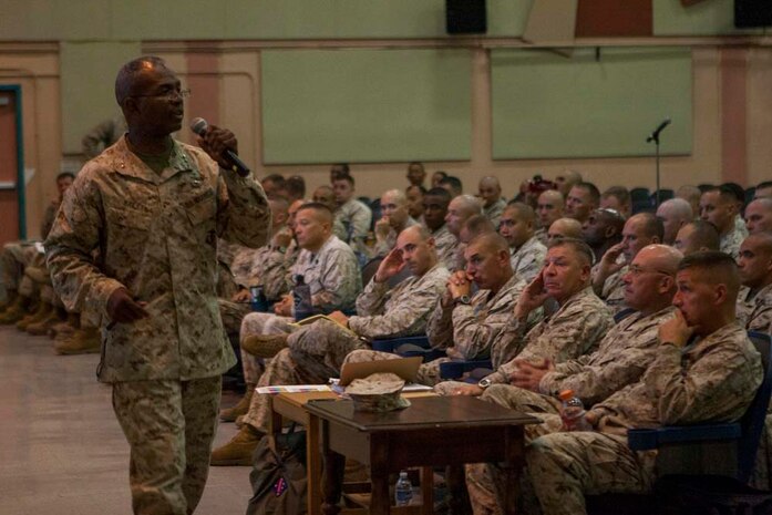 U.S. Marines with 1st Marine Division and 1st Marine Logistics Group receive a sexual assault prevention and response brief aboard Marine Corps Air Ground Combat Center, Twentynine Palms, Calif., Aug. 28, 2012. (U.S. Marine Corps photo by Cpl. Kowshon Ye/ Not Reviewed)