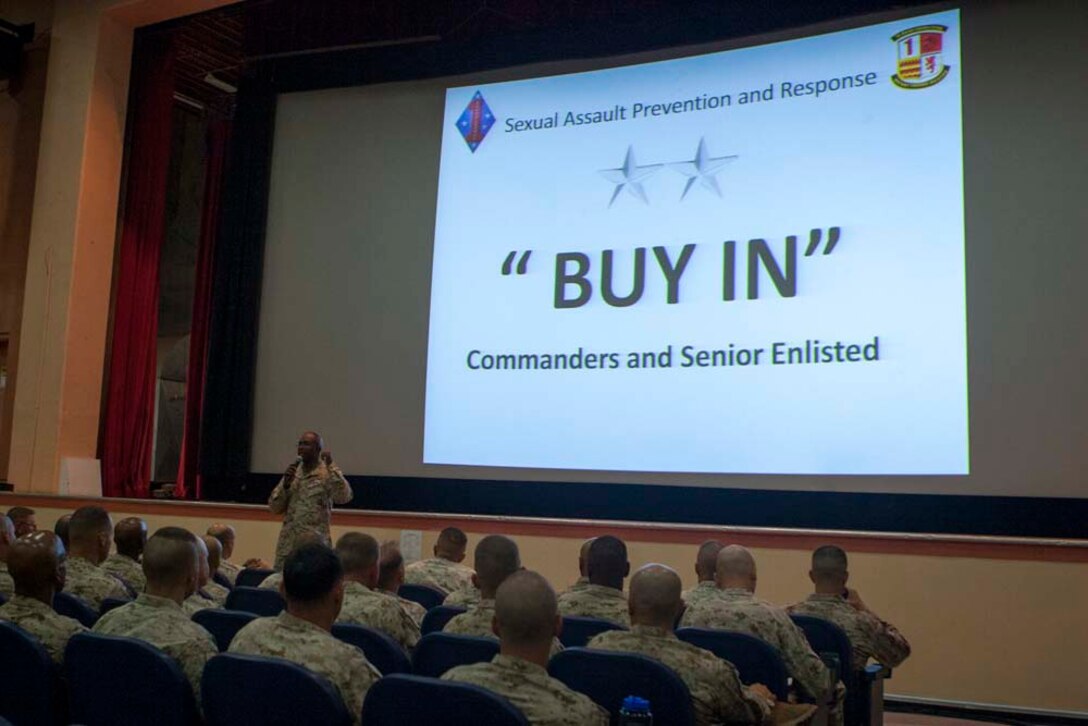 U.S. Marines with 1st Marine Division and 1st Marine Logistics Group receive a sexual assault prevention and response brief aboard Marine Corps Air Ground Combat Center, Twentynine Palms, Calif., Aug. 28, 2012. (U.S. Marine Corps photo by Cpl. Kowshon Ye/ Not Reviewed)