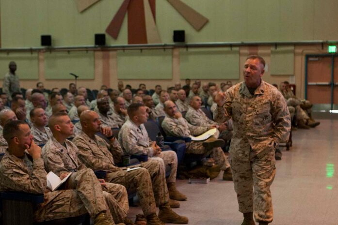 U.S. Marines with 1st Marine Division and 1st Marine Logistics Group receive a sexual assault prevention and response brief aboard Marine Corps Air Ground Combat Center, Twentynine Palms, Calif., Aug. 28, 2012. (U.S. Marine Corps photo by Cpl. Kowshon Ye/ Not Reviewed)