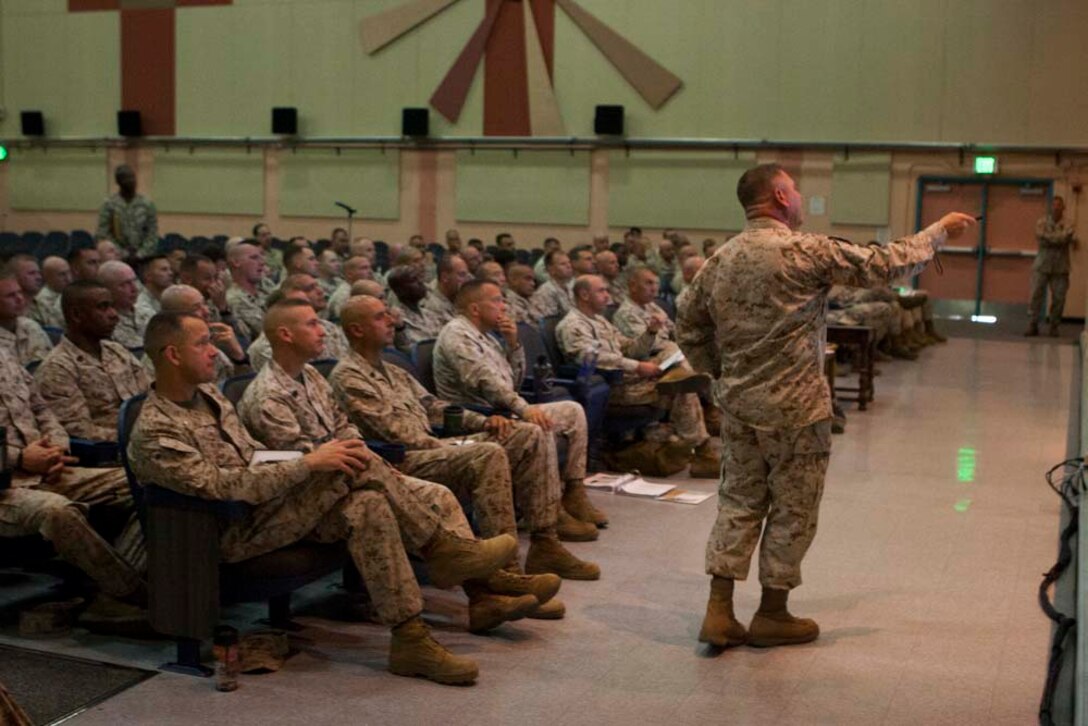 U.S. Marines with 1st Marine Division and 1st Marine Logistics Group receive a sexual assault prevention and response brief aboard Marine Corps Air Ground Combat Center, Twentynine Palms, Calif., Aug. 28, 2012. (U.S. Marine Corps photo by Cpl. Kowshon Ye/ Not Reviewed)