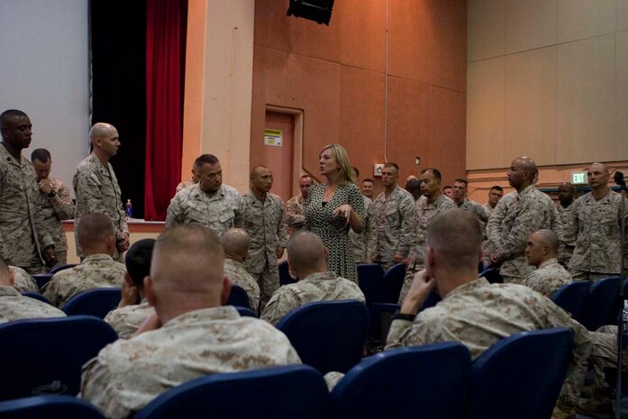 U.S. Marines with 1st Marine Division and 1st Marine Logistics Group receive a sexual assault prevention and response brief aboard Marine Corps Air Ground Combat Center, Twentynine Palms, Calif., Aug. 28, 2012. (U.S. Marine Corps photo by Cpl. Kowshon Ye/ Not Reviewed)