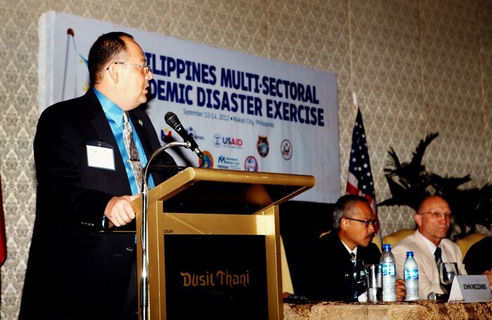 John McCombs, left, U.S. Pacific Command lead strategic response planner, gives a presentation during the Philippine Multi-sectoral Pandemic Disaster Exercise in Makati, Philippines, Sept. 10. As with other bilateral exchanges, this event reinforces the mutual commitment shared between the Philippines and the U.S. to enhance the effective response capabilities to regional threats.