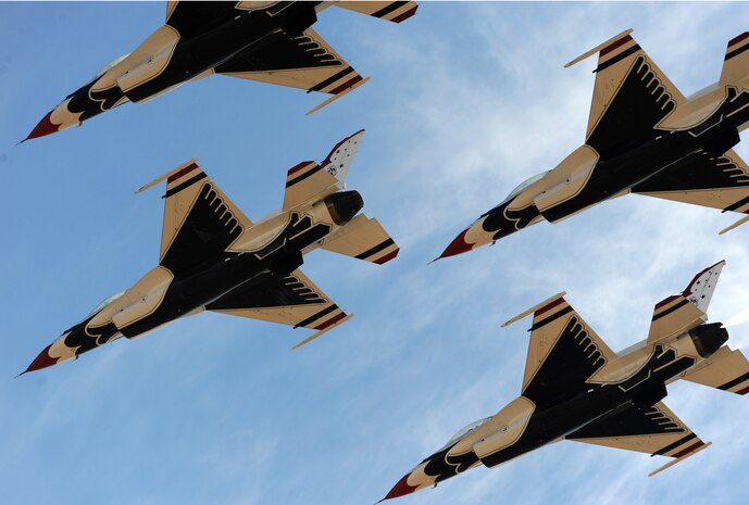 The U.S. Air Force Thunderbirds demonstration team fly-over the Capital City Air Show at Mather Airport, Sacramento, Calif., Sept. 8, 2012.The team utilizes the Air Force F-16 Fighting Falcon fighter aircraft for their choreographed performance.  (U.S. Air Force photo by Staff Sgt. Robert M. Trujillo)