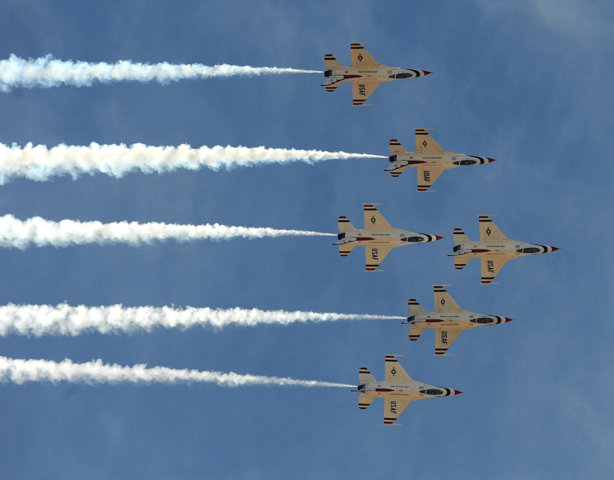 The U.S. Air Force Thunderbirds demonstration team execute a six-ship loop during the Capital City Air Show at Mather Airport, Sacramento, Calif., Sept. 8, 2012. The team is in its 59th year of performance. (U.S. Air Force photo by Staff Sgt. Robert M. Trujillo)