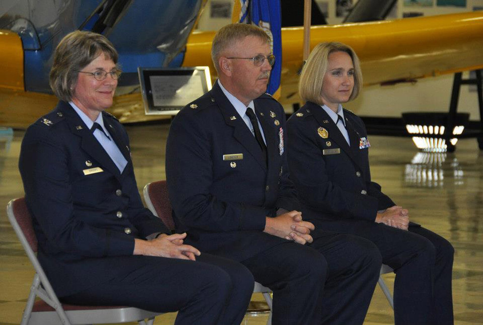 TRAVIS AIR FORCE BASE, Calif. -- Lt. Col. Sarah Mangahas assumes command of the 349th Force Support Squadron from Lt. Col. Neal Landeen during a change of command ceremony held at Travis Air Force Base on Sept. 8, 2012. (U.S. Air Force photo/ Senior Airman Amelia Leonard) Air Force Reserve Command