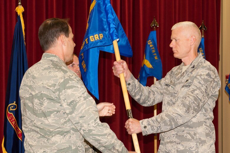 Col. Alan Clark assumes command of the 124th Mission Support Group from Col. Michael Nolan, Commander 124th Fighter Wing, at Gowen Field, Boise, on September 8.
