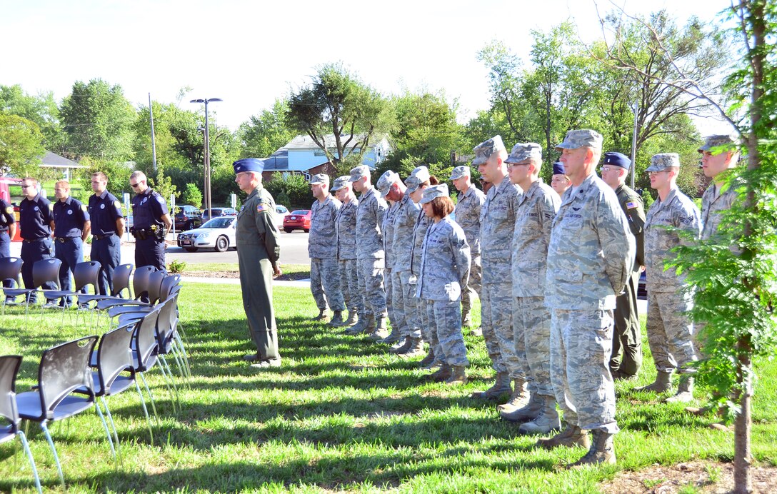 WRIGHT-PATTERSON AIR FORCE BASE, Ohio – Twenty five reservists from the 445th Airlift Wing participated in the Valley Forge Elementary School, Huber Heights, Ohio, Patriot Day ceremony Sept. 11. More than 600 Kindergarten through 6th graders hosted a memorial service to honor the men and women of the 445th AW, local police officers and firefighters. (U.S. Air Force photo/Stacy Vaughn)
