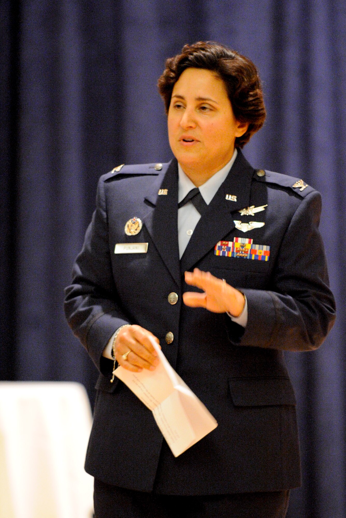 VANDENBERG AIR FORCE BASE, Calif. -- Col. Shahnaz Punjani, 30th Launch Group incoming commander, speaks at the 30th LCG change of command at the Pacific Coast Club here Monday, September 10, 2012.  Col. Shahnaz Punjani took command of the group after Col. Lavanson Coffey III relinquished command. (U.S. Air Force photo/Staff Sgt. Levi Riendeau)

