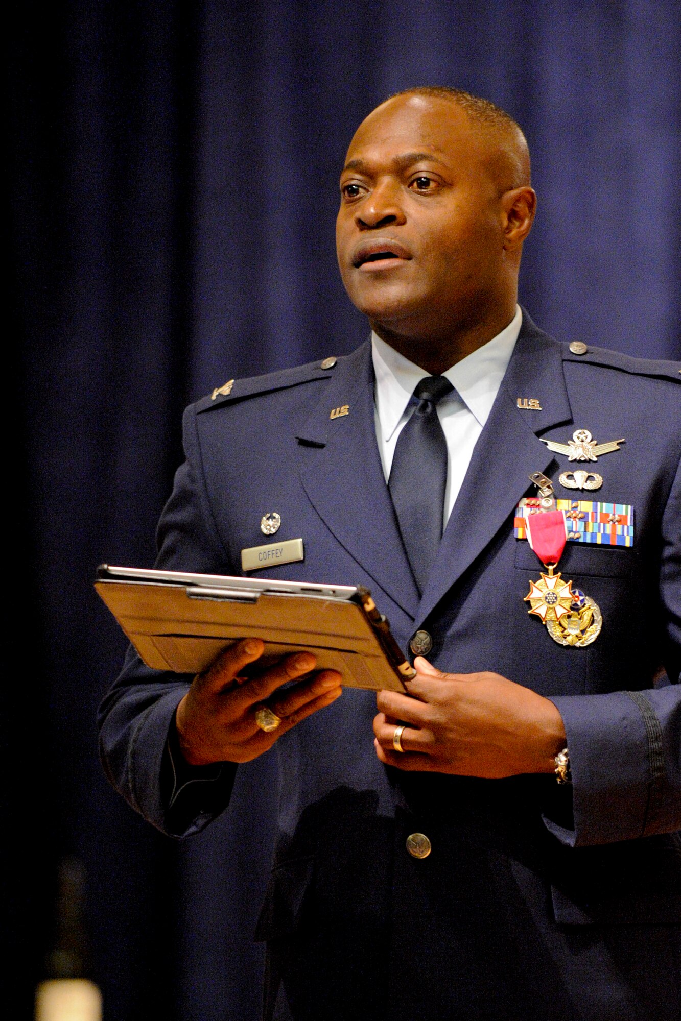 VANDENBERG AIR FORCE BASE, Calif. -- Col. Lavanson Coffey III, 30th Launch Group outgoing commander, speaks at the 30th LCG change of command at the Pacific Coast Club here Monday, September 10, 2012.  Col. Shahnaz Punjani took command of the group after Col. Lavanson Coffey III relinquished command. (U.S. Air Force photo/Staff Sgt. Levi Riendeau)
