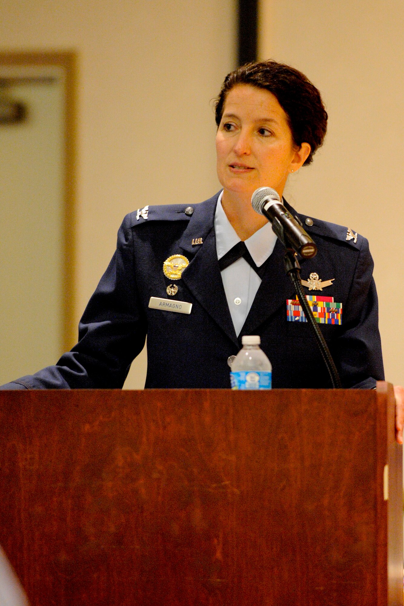 VANDENBERG AIR FORCE BASE, Calif. -- Col. Nina Armagno, 30th Space Wing commander, speaks at the 30th Launch Group change of command at the Pacific Coast Club here Monday, September 10, 2012.  Col. Shahnaz Punjani took command of the 30th LCG after Col. Lavanson Coffey III relinquished command. (U.S. Air Force photo/Staff Sgt. Levi Riendeau)
