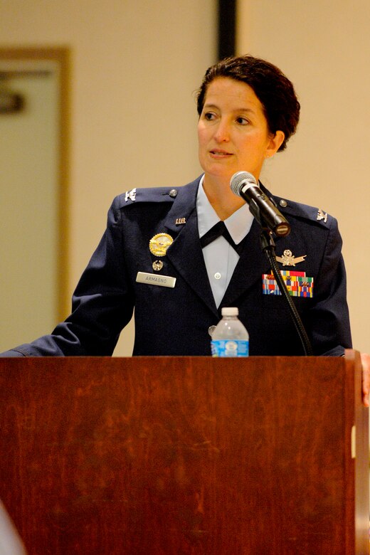 VANDENBERG AIR FORCE BASE, Calif. -- Col. Nina Armagno, 30th Space Wing commander, speaks at the 30th Launch Group change of command at the Pacific Coast Club here Monday, September 10, 2012.  Col. Shahnaz Punjani took command of the 30th LCG after Col. Lavanson Coffey III relinquished command. (U.S. Air Force photo/Staff Sgt. Levi Riendeau)