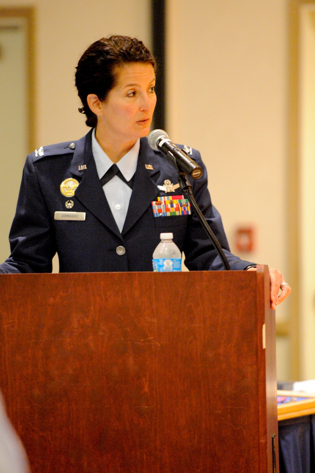 VANDENBERG AIR FORCE BASE, Calif. -- Col. Nina Armagno, 30th Space Wing commander, speaks at the 30th Launch Group change of command at the Pacific Coast Club here Monday, September 10, 2012.  Col. Shahnaz Punjani took command of the 30th LCG after Col. Lavanson Coffey III relinquished command. (U.S. Air Force photo/Staff Sgt. Levi Riendeau)
