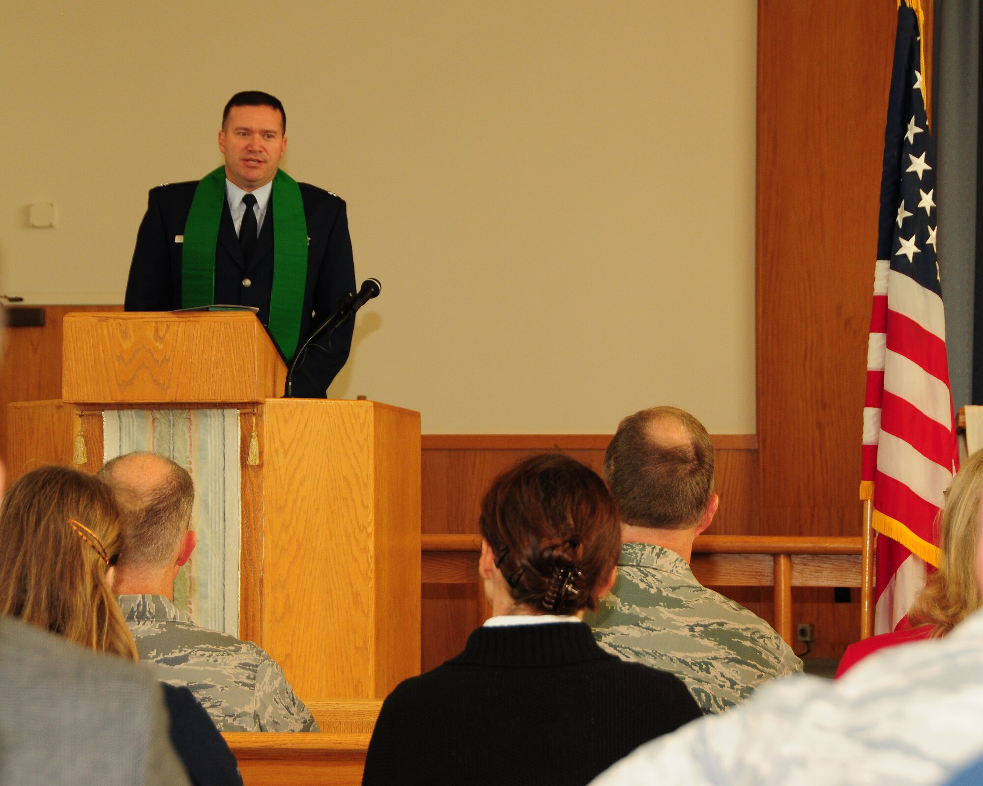 Base personnel attend an interfaith memorial service at the base chapel, Niagara Falls Air Reserve Station, NY on September 11, 2012 to remember the tragic day in American History when terrorists attacked this nation. Captain James Bastian, 914th Airlift Wing Chaplain led the group in prayer and reflected on the events that happened 11 years ago. (US Air Force photo by Peter Borys)