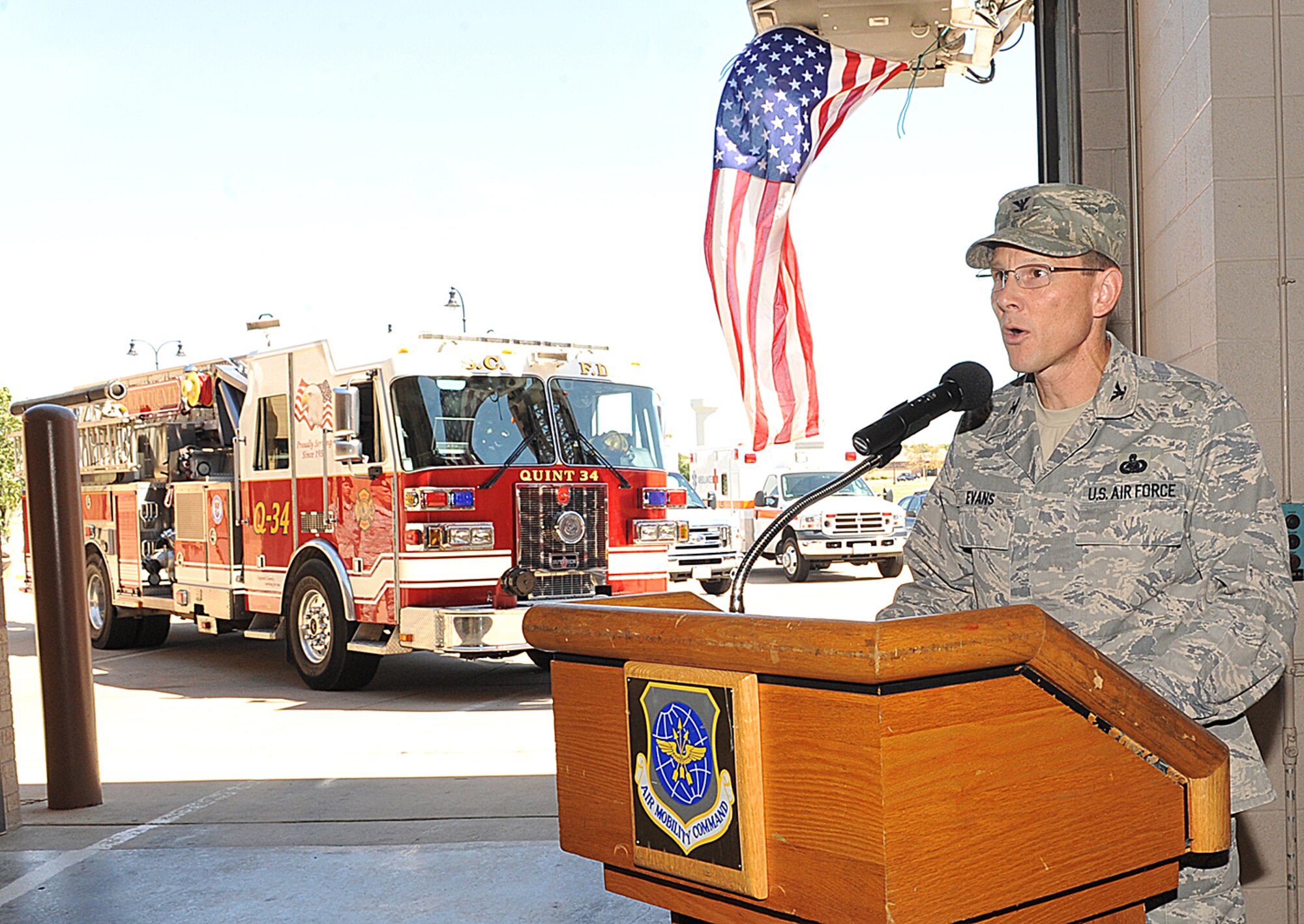 Col. Mark Evans, 22nd Mission Support Group commander, speaks during a Patriot Day Retreat Ceremony Sept. 11, 2012, McConnell Air Force Base, Kan. The retreat was held to commemorate 9/11 terrorist attacks. (U.S. Air Force photo/Airman 1st Class Maurice A. Hodges)
