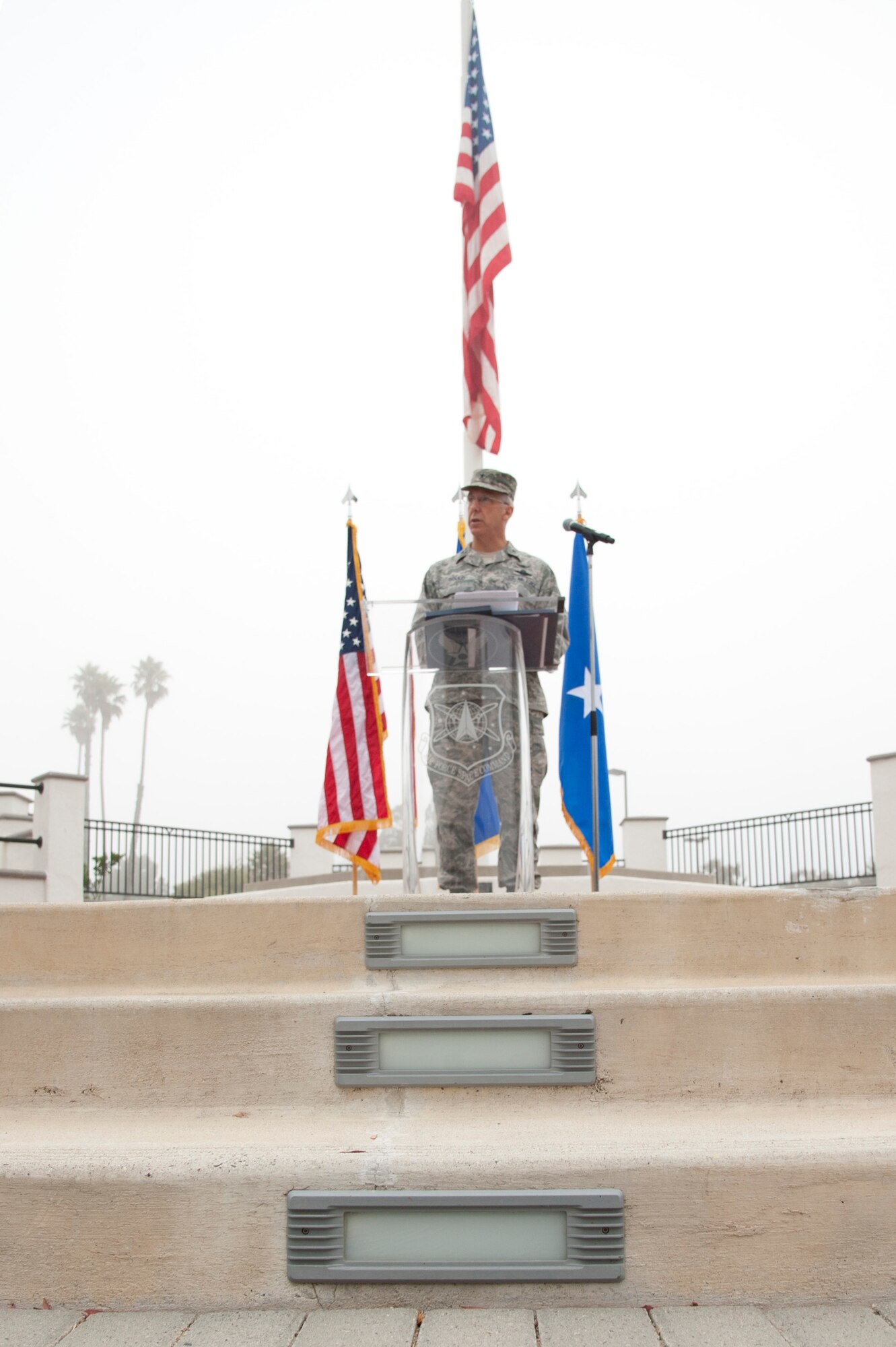 VANDENBERG AIR FORCE BASE, Calif. - "Sept. 11, 2001 was our generations'
Pearl Harbor," said Brig. Gen. Tom Gould, 14th Air Force vice commander,
during a 9/11 Memorial Service in front of the 14th Air Force and 30th Space
Wing headquarters building here Tuesday, Sept. 11, 2012. Gould spoke about
his experiences as President George W. Bush's military aide and how he
assisted the president during the attacks 11 years ago. (U.S. Air Force
photo/ Senior Airman Lael Huss)
