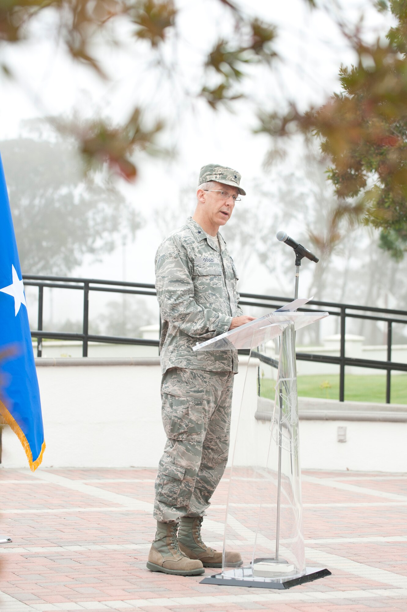 VANDENBERG AIR FORCE BASE, Calif. - Fourteenth Air Force Vice Commander,
Brig. Gen. Tom Gould, speaks during a 9/11 Memorial Service in front of the
14th Air Force and 30th Space Wing headquarters building here Tuesday, Sept.
11, 2012. The service was held to remember those whose lives were changed
forever on Sept. 11, 2001. (U.S. Air Force photo/ Senior Airman Lael Huss)
