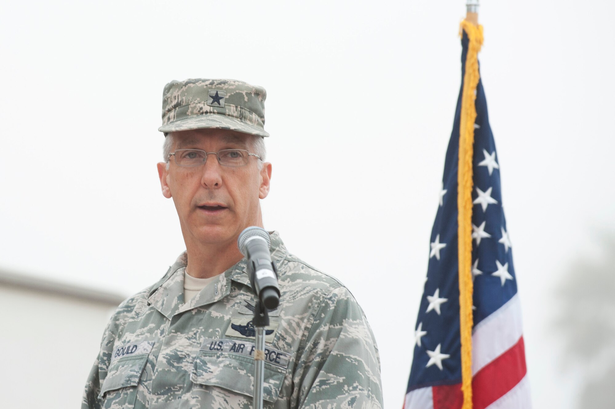 VANDENBERG AIR FORCE BASE, Calif. - Fourteenth Air Force Vice Commander,
Brig. Gen. Tom Gould, speaks during a 9/11 Memorial Service in front of the
14th Air Force and 30th Space Wing headquarters building here Tuesday, Sept.
11, 2012. Gould spoke about his experiences as President George W. Bush's
military aide and how he assisted the president during the attacks 11 years
ago. (U.S. Air Force photo/ Senior Airman Lael Huss)
