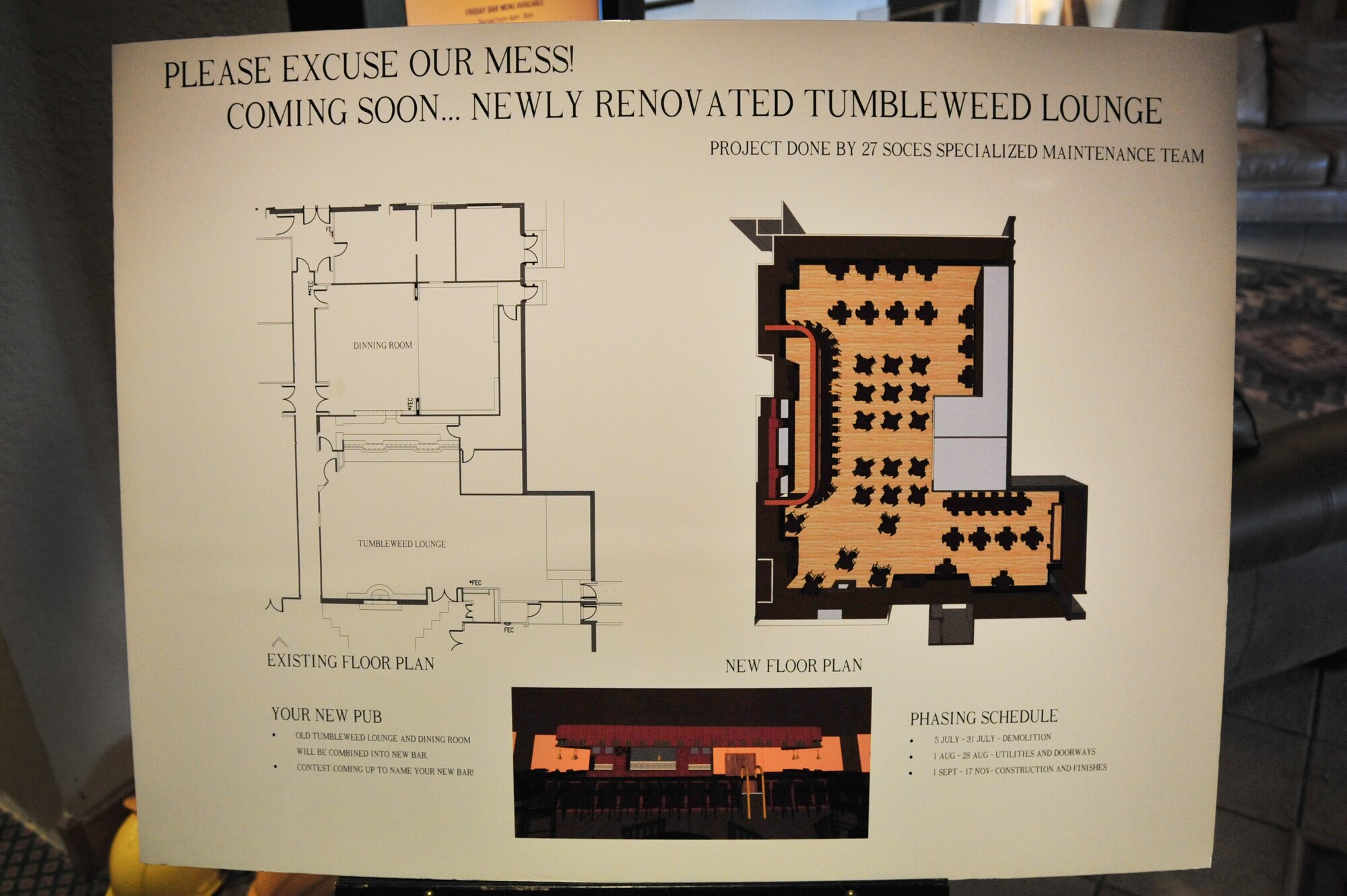 A poster showcases future reconstruction in the Tumbleweed Lounge in The Landing Zone at Cannon Air Force Base, N.M., Sept. 7, 2012. Air Commandos with the SMT are saving the wing countless dollars by taking on full renovations of the lounge as part of an in-house job. (U.S. Air Force photo/Airman 1st Class Alexxis Pons Abascal)  