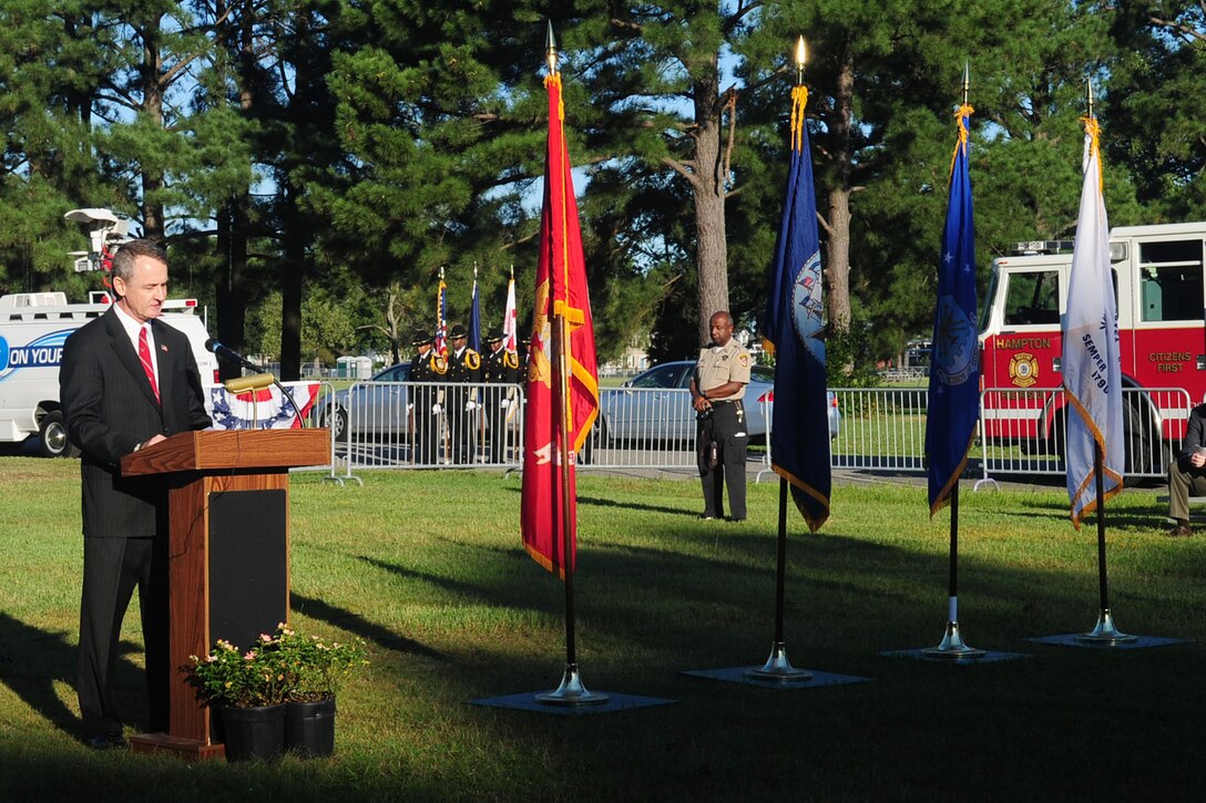 Retired U.S. Army Lt. Col. John Gately, Military Affairs Committee chairman, provides opening remarks during a remembrance ceremony at Gosnold’s Hope Park, Hampton, Va., Sept. 11, 2012. Since December 2001, members of the Veterans of Foreign Affairs have held the ceremony to honor those who have fallen due to the Sept. 11 attacks. (U.S. Air Force photo by Staff Sgt. Ashley Hawkins/Released)