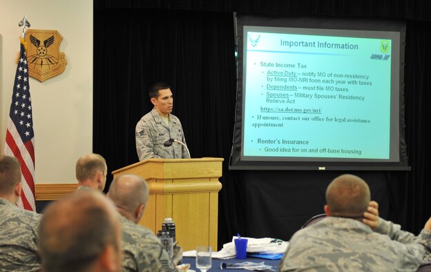 WHITEMAN AIR FORCE BASE, Mo. -- Senior Airman Brett Berry, 509th Bomb Wing civil law paralegal, addresses Right Start newcomers about the different services they provide. Right Start attendees receive briefings from several agencies on- and off base to help get them acclimated with base policy and familiar with the surrounding area.  (U.S. Air Force photo/Heidi Hunt)