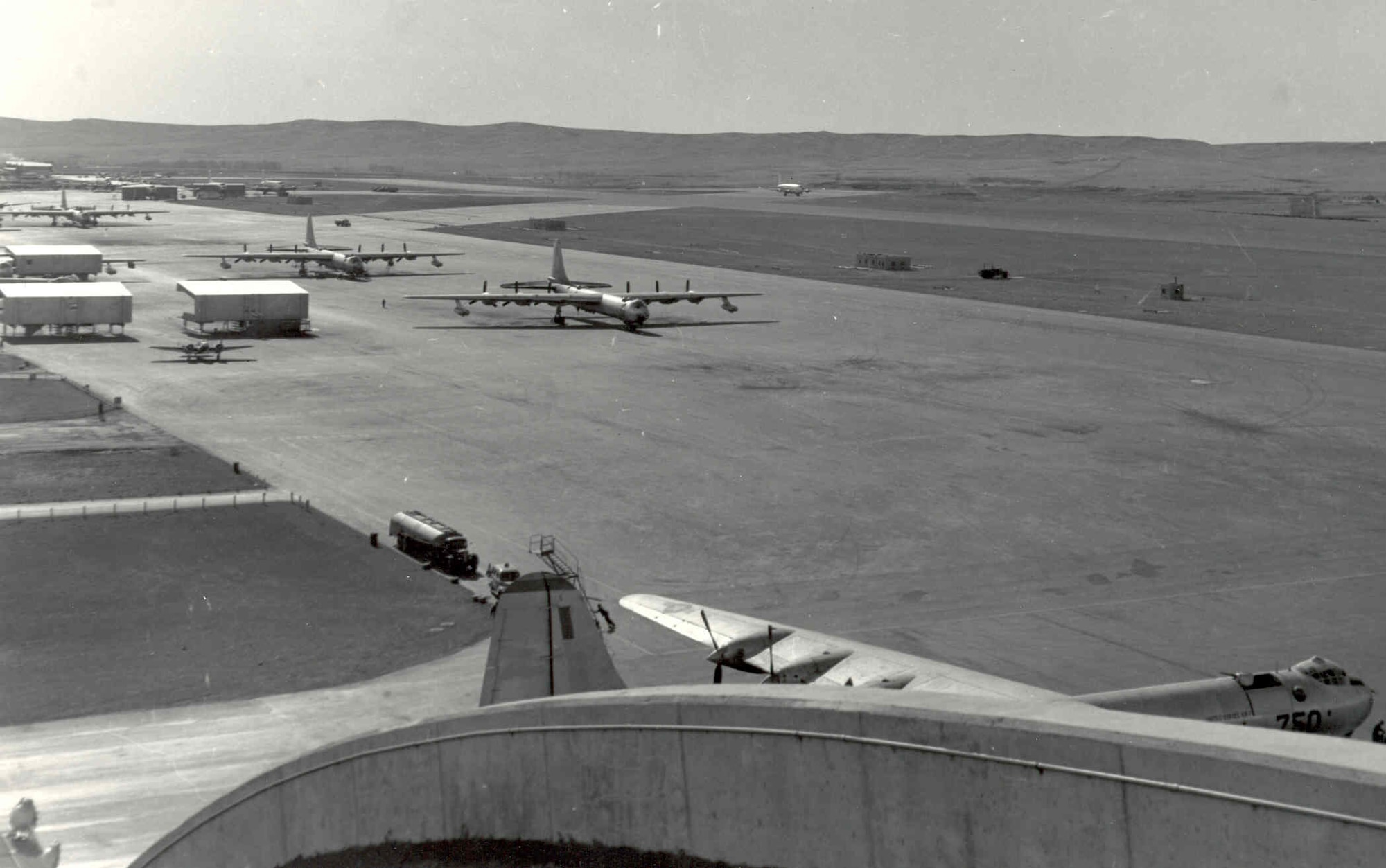 A group of RB-36s prepare to take off from the flightline on Ellsworth Air Force Base, S.D. The RB-36s unique arrangement of six piston-driven engines and four jet engines prompted the phrase "six turnin and four burnin." Though powerful, these engines were incredibly complex, and required a tremendous amount of maintenance to keep them running. (U.S. Air Force courtesy photo)