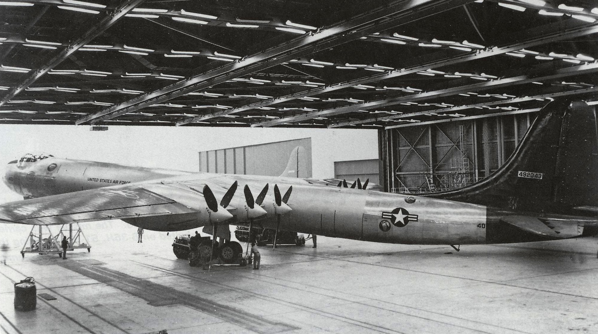 An RB-36 parked in the Pride Hangar on Ellsworth Air Force Base, S.D. The Pride Hangar was built to accommodate two RB-36s with room to spare. Ellsworth received their first RB-36 into service in June 1950. Serving with SACs 28th Strategic Reconnaissance Wing, their primary mission was gathering intelligence - both photo and electronic. (U.S. Air Force courtesy photo)