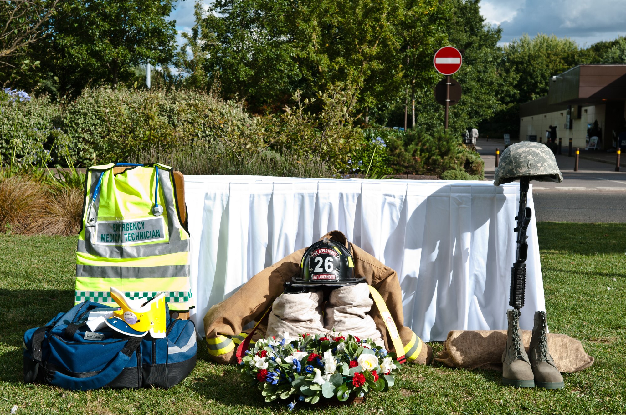 ROYAL AIR FORCE LAKENHEATH, England - Several displays representing emergency first responders sit offstage during the 9/11 Remembrance Ceremony, Sept. 11, 2012. The ceremony honored those lost in the attacks on Sept. 11, 2001. (U.S. Air Force photo by Senior Airman Connor Estes)