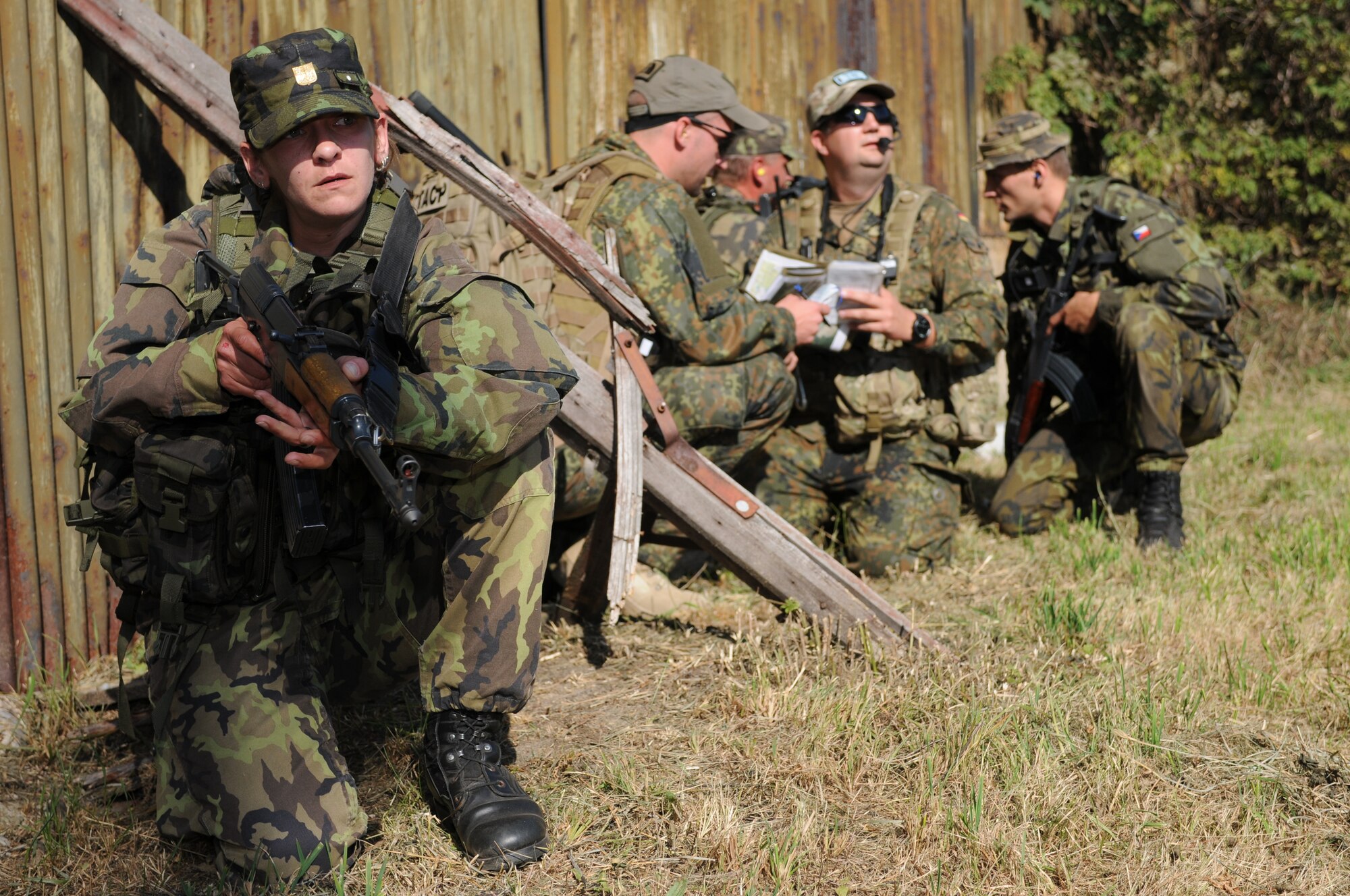 A member of the Czech Republic air force provides cover for forward air controllers during a training scenario a part of Ramstein Rover 2012 Sept. 11, here. During this scenario German forward air controllers, who are based out of Baumholder, Germany, communicated with Czech Republic helicopter pilots to establish targets for the ground commander while mitigating risks to civilians and civilian assets. Sixteen NATO member nations are participating in RARO 12 to include: The United States, United Kingdom, Czech Republic, Belgium, Estonia, France, Germany, Greece, Italy, Latvia, the Netherlands, Norway, Poland, Slovakia, Slovenia and Turkey. The 81st Fighter Squadron is participating in the exercise as the United States counterpart to provide close air support for forward air controllers. This squadron often conducts close air support and forward air control missions with the FACs from Baumholder. Each nation's participation in RARO 12 ensures effective employment of airpower in support of alliance or coalition forces while mitigating risks to civilians in contingency operations. (U.S. Air Force photo by Senior Airman Natasha Stannard/Released)