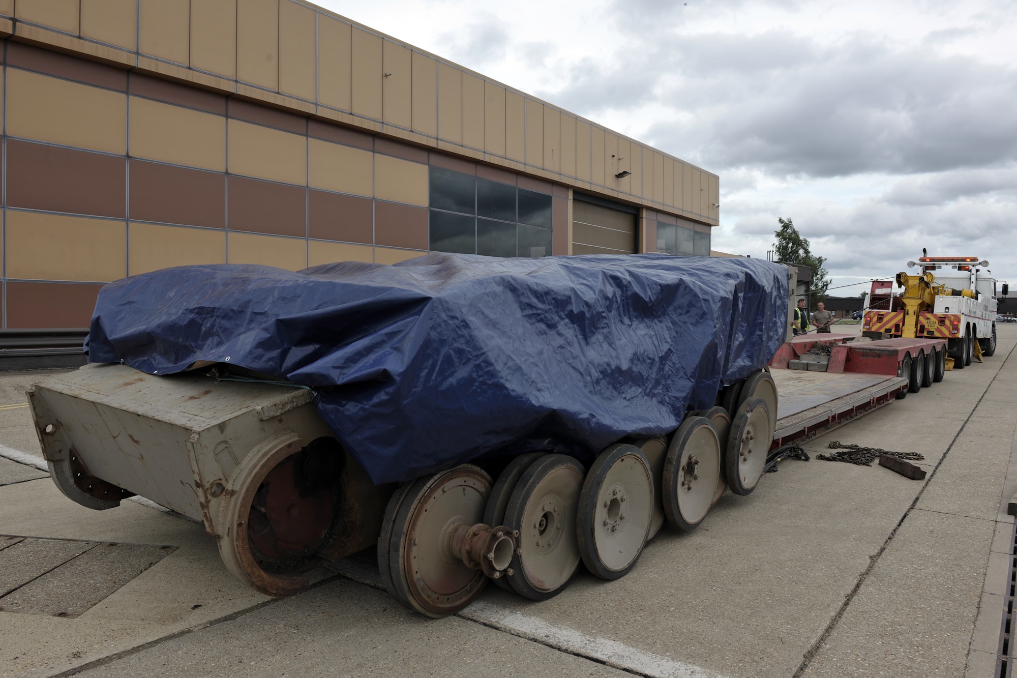 RAF ALCONBURY, United Kingdom – One of only six Tiger I tanks left in the world was loaded onto a flatbed truck for transport to the National Armor and Cavalry Museum at Fort Benning, Ga., Sept. 10. The tank was stored at RAF Alconbury during litigation to have it on display at the museum. Tiger I is a German heavy tank developed in 1942 and used in World War II. (U.S. Air Force photo by Master Sgt. John Barton)