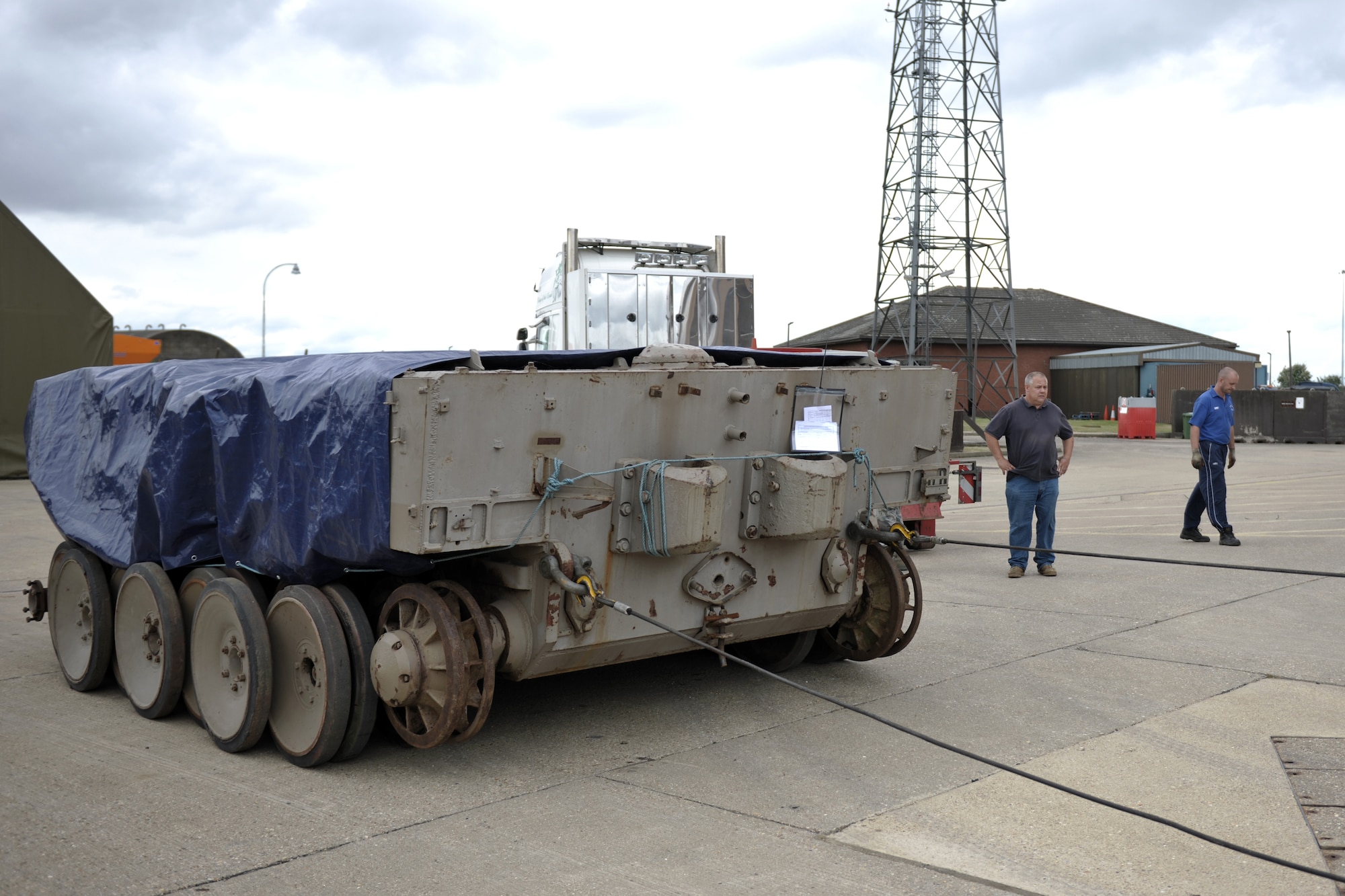 RAF ALCONBURY, United Kingdom – One of only six Tiger I tanks left in the world was loaded onto a flatbed truck for transport to the National Armor and Cavalry Museum at Fort Benning, Ga., Sept. 10. The tank was stored at RAF Alconbury during litigation to have it on display at the museum. Tiger I is a German heavy tank developed in 1942 and used in World War II. (U.S. Air Force photo by Master Sgt. John Barton)