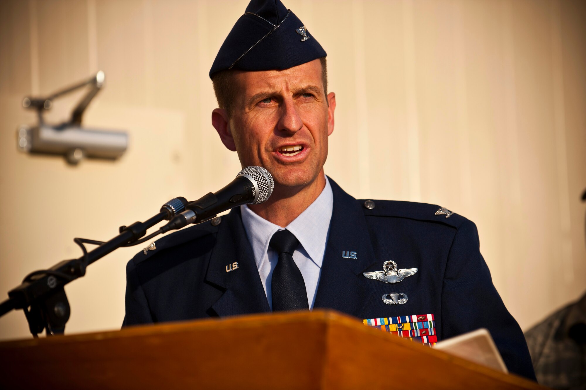 Col. Corey Martin speaks during the 9/11 remembrance ceremony at the Transit Center at Manas, Kyrgyzstan, Sept. 11, 2012. Martin spoke about the establishment of the Transit Center being an extension of U.S. and Kyrgyz Republic cooperation. Martin is the 376th Air Expeditionary Wing commander. (U.S. Air Force photo/Senior Airman Brett Clashman)