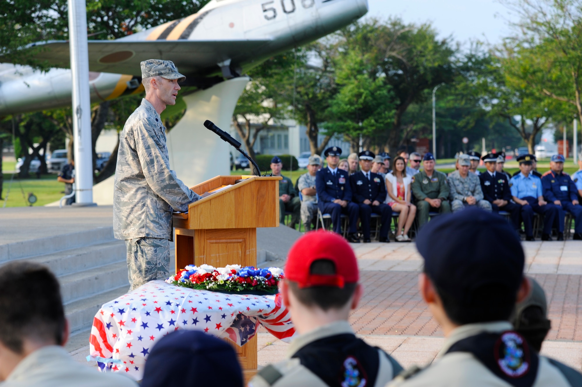 U.S. Air Force Lt. Col. Robert Grainger, 35th Civil Engineer Squadron commander, gives remarks during the Patriot Day Retreat Ceremony at Misawa Air Base, Japan, Sept. 11, 2012. This year marks the 11th anniversary of the terrorist attacks against the World Trade Center and Pentagon, which killed more than 2,000 people. (U.S. Air Force photo by Staff Sgt. April Quintanilla/Released)
