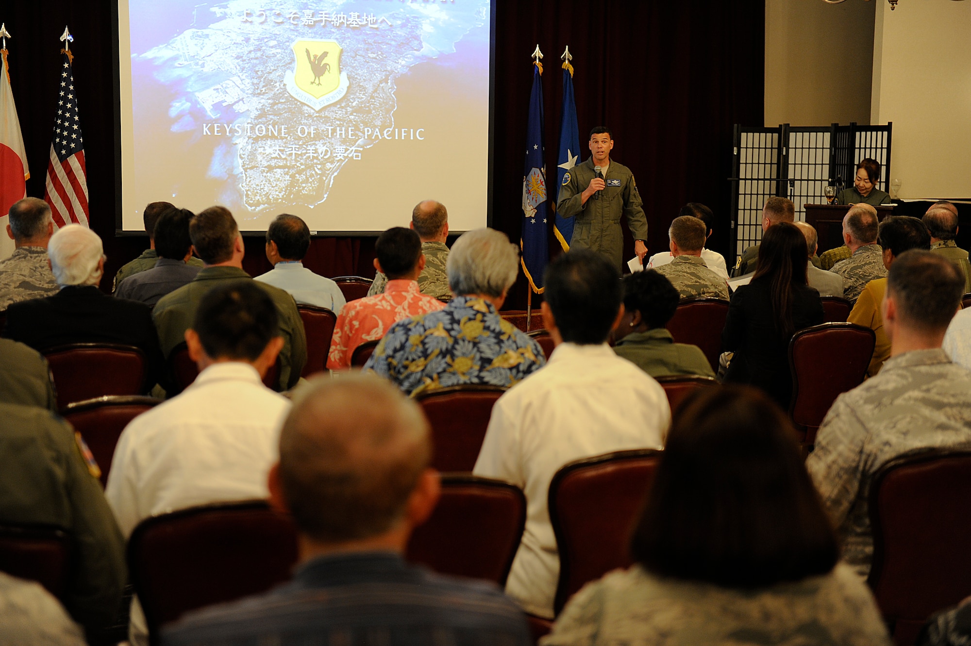 U.S. Air Force Brig. Gen. Matt Molloy, 18th Wing commander, gives a wing mission briefing during the Honorary Commander orientation tour on Kadena Air Base, Japan, Sept. 7, 2012. The event was held as part of the Honorary Commander program, which is designed to build a better relationship and reinforce ties between the U.S. military and the community as well as give commanders the opportunity to showcase the 18th Wing mission. (U.S. Air Force photo/ Senior Airman Maeson L. Elleman)