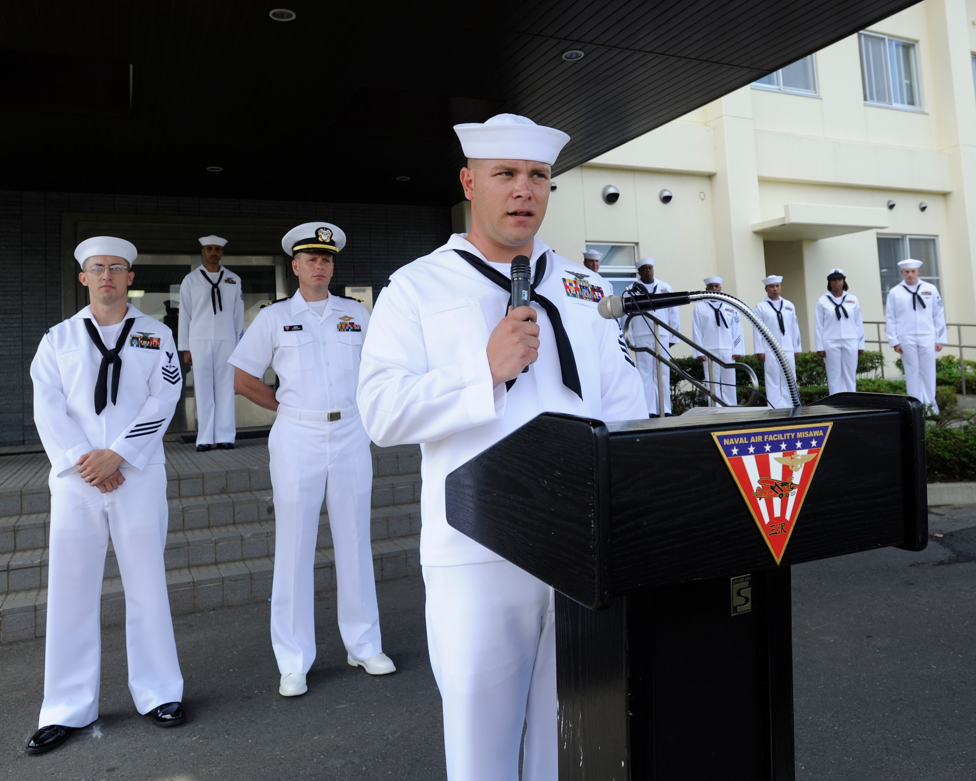 Chief (select)Aviation Structural Mechanic Ry Vansickle, a native of Wichita, Kan., addresses the audience during a 9/11 Remembrance Ceremony at Naval Air Facility Misawa, Japan, Sept. 11, 2012. Navy Misawa chief petty officer selectees conducted the ceremony to commemorate the 11th anniversary of the Sept. 11, 2001 terrorist attacks. (U.S. Navy photo by Senior Chief Mass Communication Specialist Daniel Sanford/RELEASED)