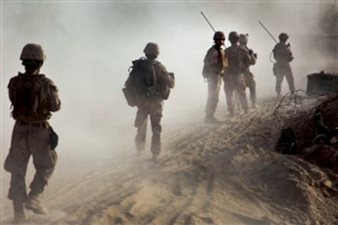 U.S. Marines begin a patrol from Forward Operating Base Shamsher in Afghanistan's Helmand province, Sept. 6, 2012. The Marines, assigned to 1st Battalion, 7th Marine Regiment, Regimental Combat Team 6, conducted the patrol to disrupt the flow of lethal and illicit aid by the enemy in the area.