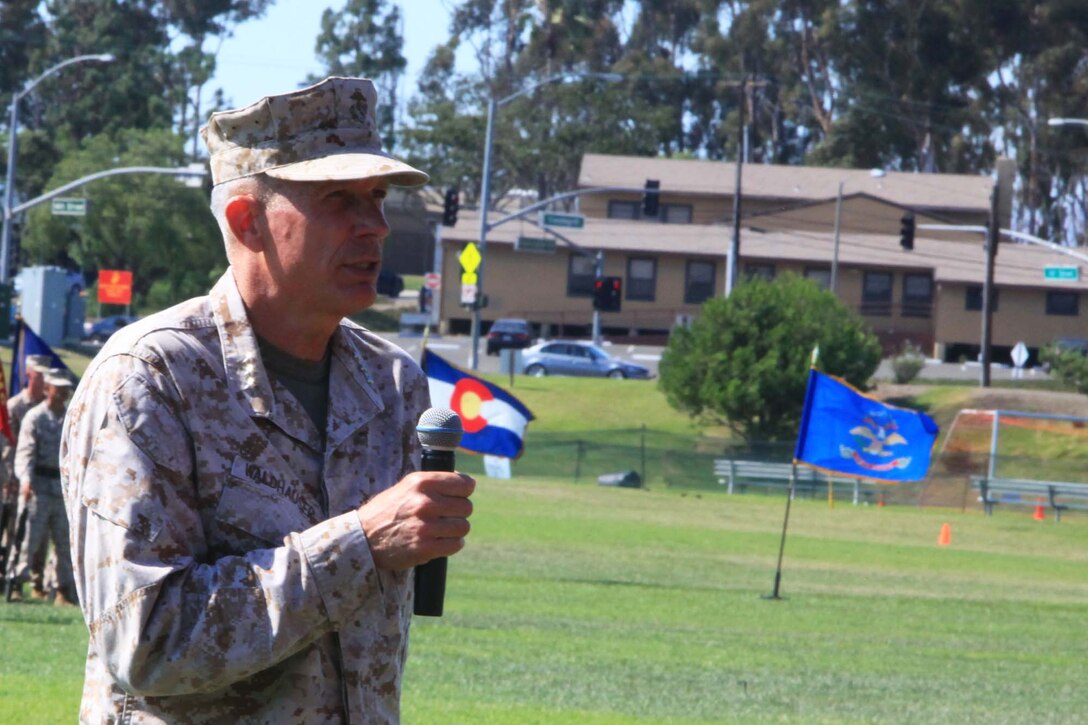 Lt. Gen. Thomas D. Waldhauser, outgoing commander of Marine Corps Forces Central Command and I Marine Expeditionary Force, addresses the audience during a change-of-command ceremony at Camp Pendleton, Calif., Sept. 7.   Lt. Gen. Waldhauser will proceed to Washington D.C., and report as the senior military assistant to the Secretary of Defense.
