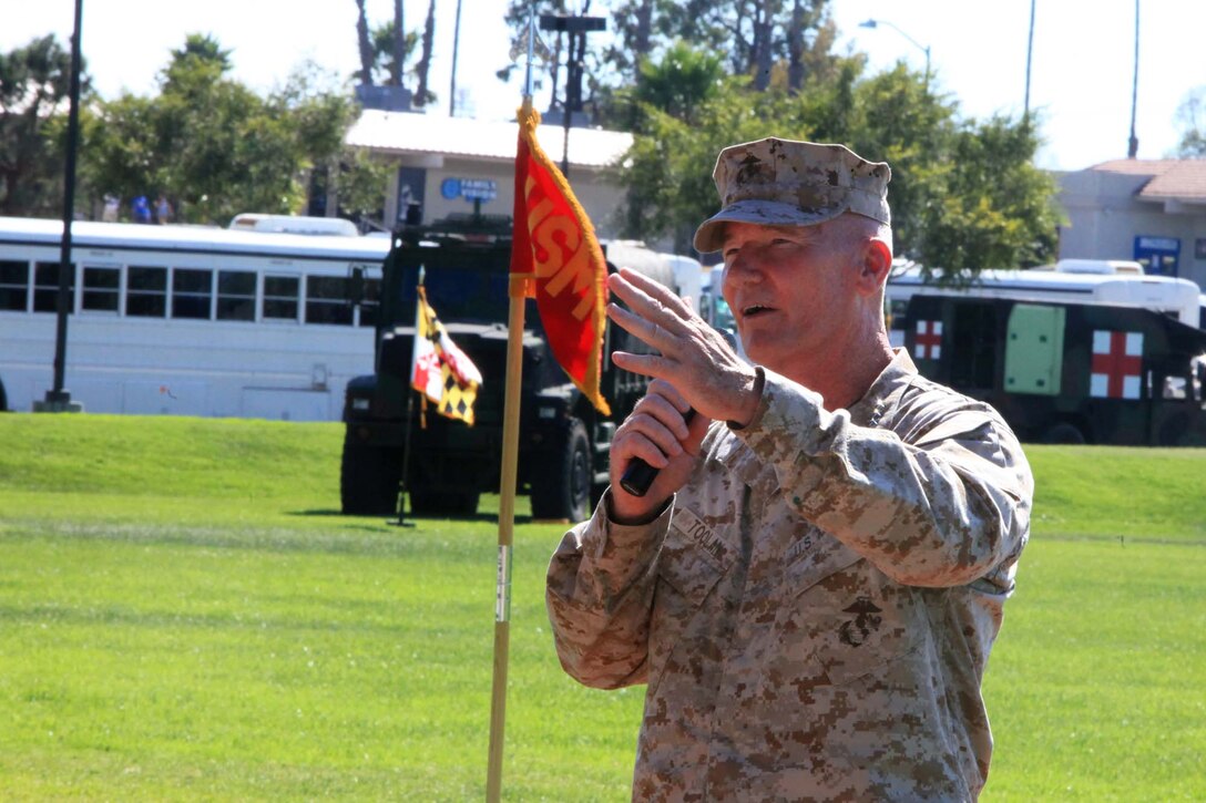 Lt. Gen. John A. Toolan, Jr., oncoming commanding general of I Marine Expeditionary Force, addresses the audience during a change-of-command ceremony at Camp Pendleton, Calif., Sept. 7.  Lt. Gen. Toolan recently deployed as commanding general of II MEF (Forward) to Helmand province, Afghanistan for duties as commanding general of Regional Command Southwest before assuming command of I MEF.