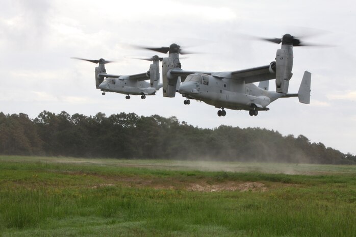 Marines with Marine Medium Tiltrotor Squadron 365 land two MV-22B Ospreys during confined area landing training, Aug. 28. This is one of the first flights the squadron has flown since they returned from a deployment in Afghanistan several weeks ago.
