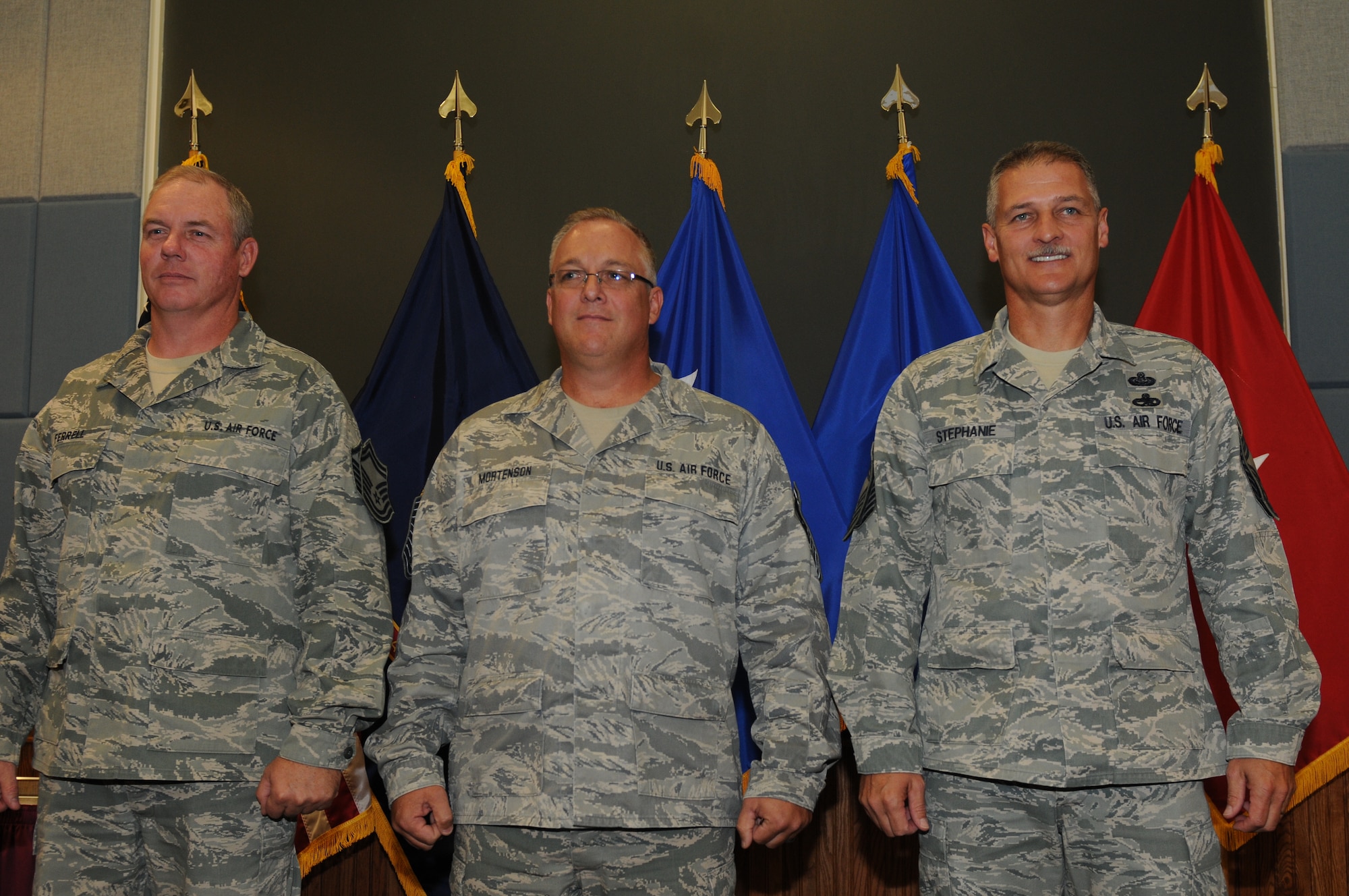 Newly promoted members of the Idaho Air National Guard on Sept. 9 at Gowen Field. (left to right) Senior Master Sgt. William Ferrell from Idaho Air National Guard Recruiting and Retention Office. Chief Master Sgt. Tracy Mortenson from the Idaho Air National Guard Human Resource Office. Chief Master Sgt. Steven Stephanie from the 266 Range Squadron.
