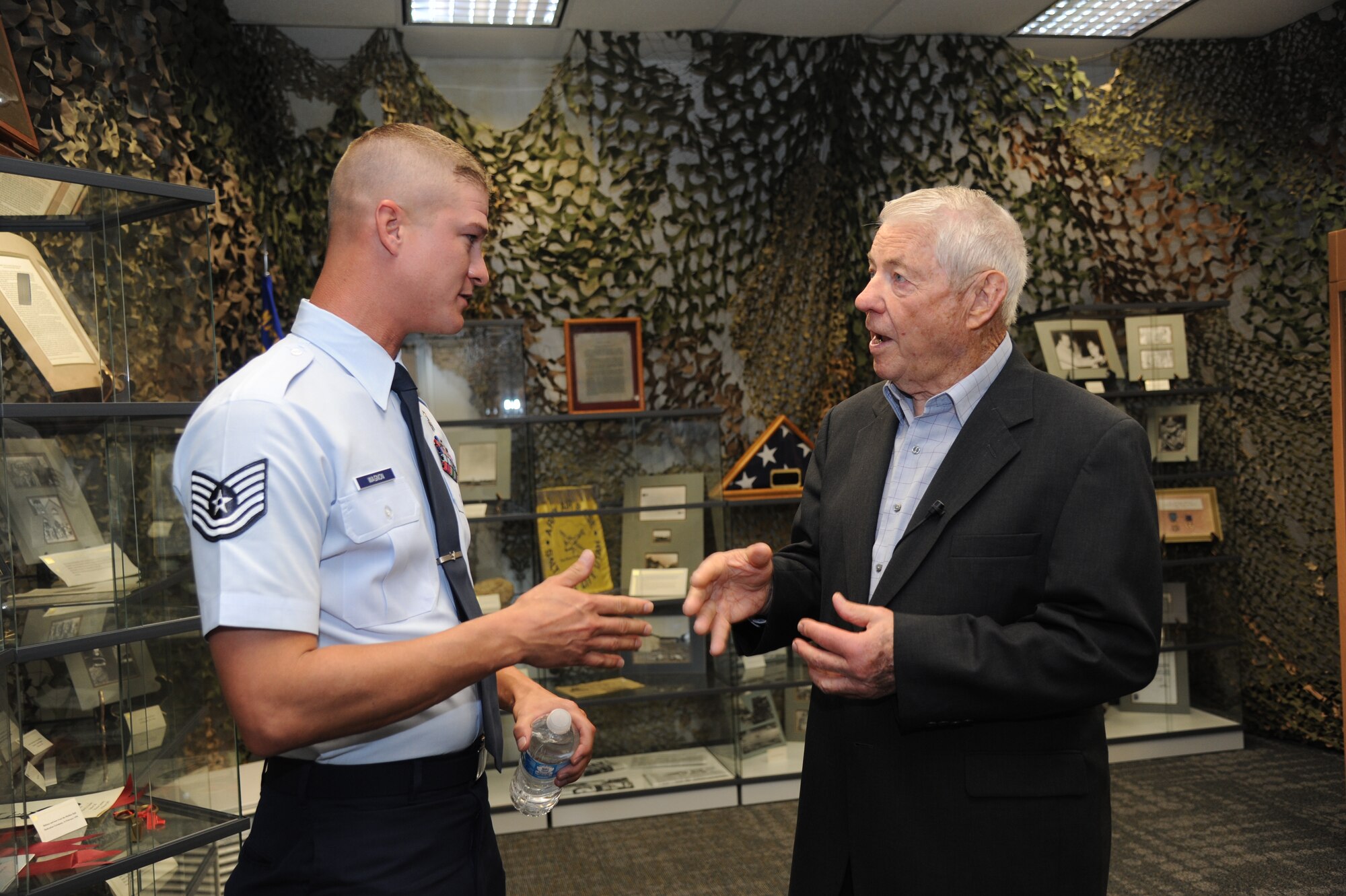 Retired Chief Master Sgt. of the Air Force Robert Gaylor, the fifth CMSAF, speaks with Tech. Sgt. Patrick Wagnon, a student at the Mathies NCO Academy, prior to the academy’s graduation ceremony Sept. 13, 2012, at Keesler Air Force Base, Miss.  During the chief’s visit to Keesler, Sept. 11-13, he also held several enlisted calls, met with 81st Training Wing leadership, and visited the 81st Security Forces Squadron.  (U.S. Air Force photo by Kemberly Groue)