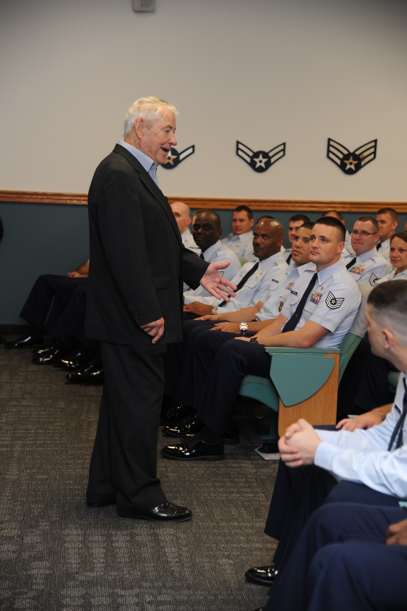 Retired Chief Master Sgt. of the Air Force Robert Gaylor, the fifth CMSAF, addresses students at the Mathies NCO Academy prior to their graduation ceremony Sept. 13, 2012, at Keesler Air Force Base, Miss.  During the chief’s visit to Keesler, Sept. 11-13, he also held several enlisted calls, met with 81st Training Wing leadership, and visited the 81st Security Forces Squadron.  (U.S. Air Force photo by Kemberly Groue)