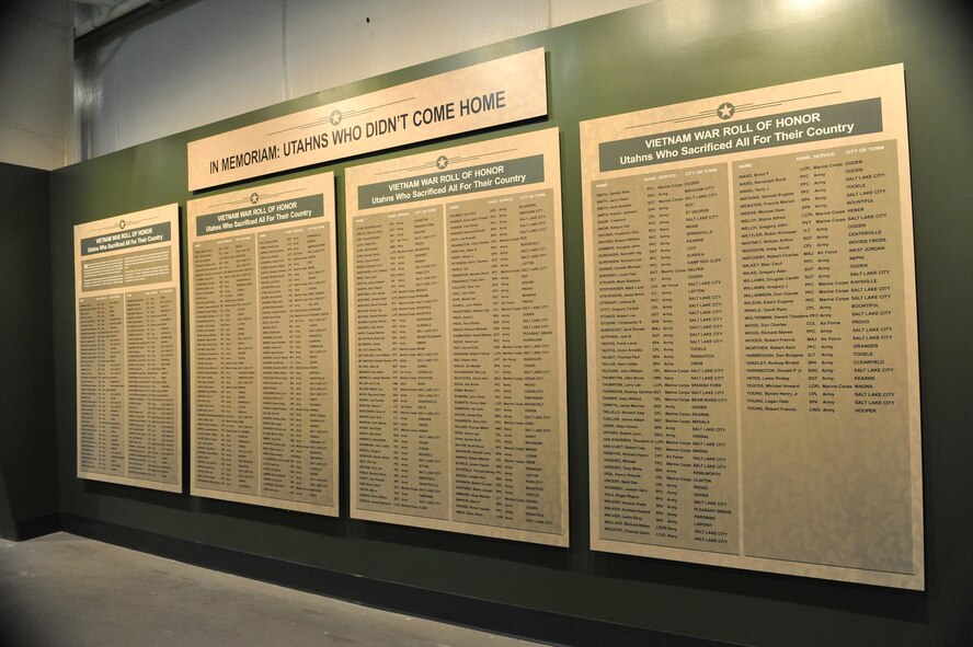 The names of Utahns killed in action or missing in action during Vietnam are mounted on a wall. The wall is part of the Hill Aerospace Museum's new Vietnam War exhibit that will open to the public Sept. 22.