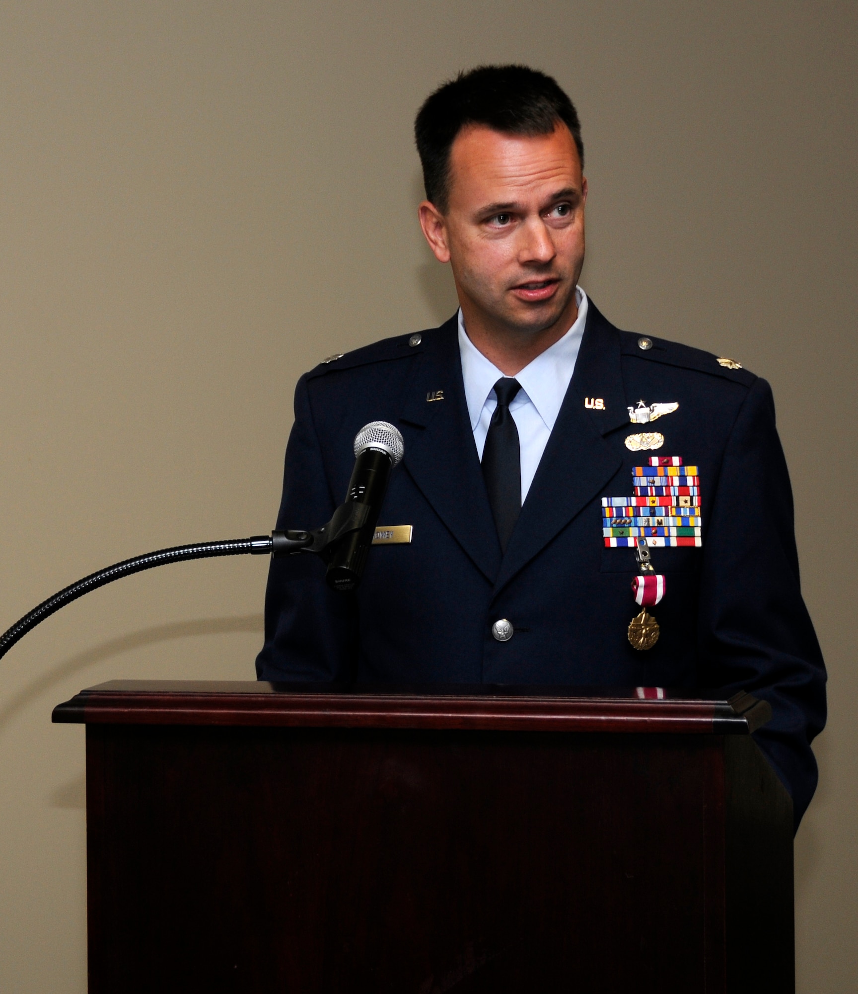 Lt. Col. Deane E. Thomey delivers a speech after taking command of the 188th Logistics Readiness Squadron during a change-of-command ceremony at the 188th Fighter Wing Sept. 8. Lt. Col. James F. Krohn relinquished command of the 188th LRS to Thomey during the ceremony. (National Guard photo by Airman Cody Martin/188th Fighter Wing Public Affairs)