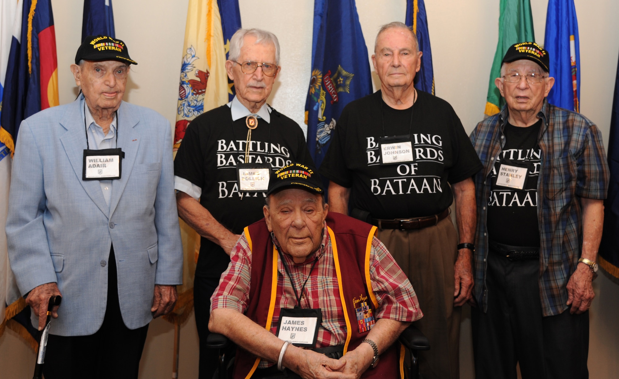Bataan Death March survivors Capt. William Adair, Army of the U.S., Pvt. James Bollich, U.S. Army Air Force, Master Sgt. James Haynes, U.S. Army AF, Cpl. Erwin Johnson, U.S. Army AF, and Staff Sgt. Henry Stanley, U.S. Army AF, pose for a group photo during the 70th anniversary luncheon held in their honor on Barksdale Air Force Base, La., Sept. 4. The five veterans were given medals for their bravery and sacrifice they endured as prisoners of war during World War II. (U.S. Air Force photo/Airman 1st Class Joseph A. Pagán Jr.)(RELEASED)