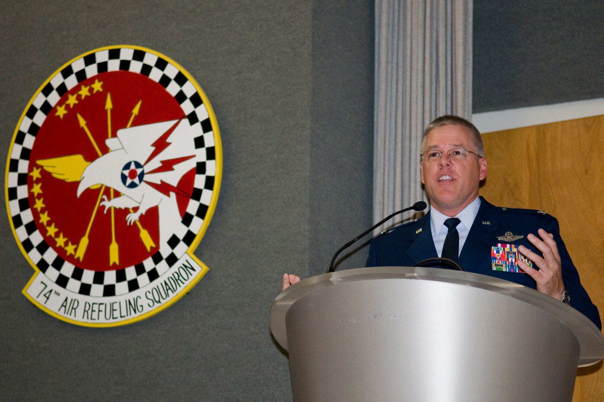 GRISSOM AIR RESERVE BASE, Ind. -- Newly promoted Col. Paul Wietbrock speaks to a group of Airmen from the 434th Air Refueling Wing in Gus Grissom Hall here shortly after his pin-on ceremony Aug. 25. During his address, Wietbrock recalled his days as the 74th Air Refueling Squadron commander and how he brought about a pirate theme to the organization to increase morale. (U.S. Air Force photo/Tech. Sgt. Mark Orders-Woempner)
