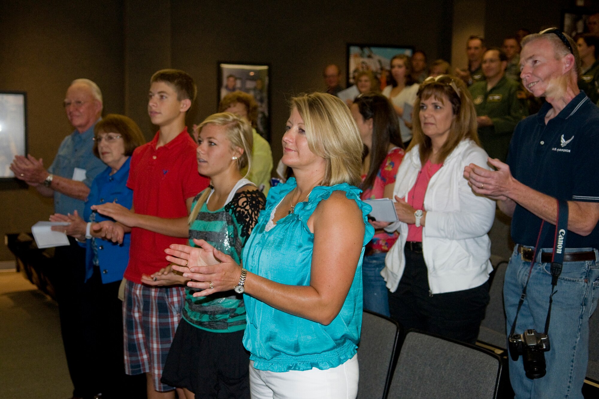 GRISSOM AIR RESERVE BASE, Ind. -- Family and friends applaud a newly promoted Col. Paul Wietbrock during his pin-on ceremony here Aug. 25. Wietbrock left his position as 434th Operations Group deputy commander at Grissom a few months ago to take a post as the 931st Air Refueling Group deputy commander at McConnell Air Force Base, Kan. (U.S. Air Force photo/Tech. Sgt. Mark Orders-Woempner)
