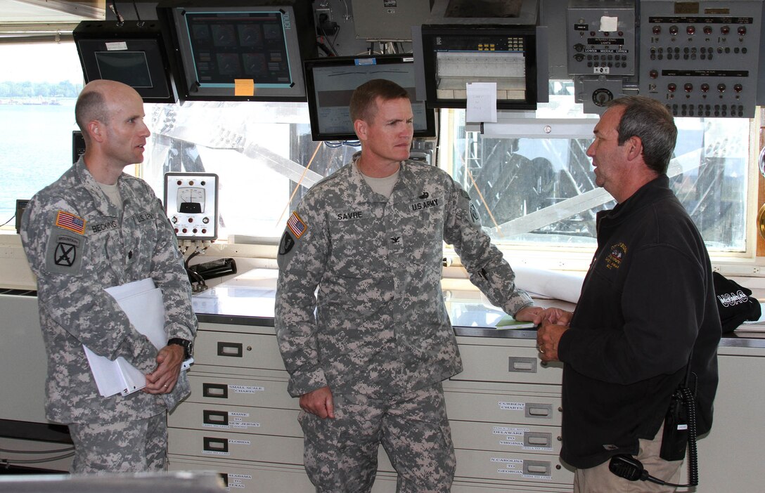 Dredge McFarland Captain Karl VanFlorcke led a tour of the vessel for Col. Kent Savre (middle), Commander of the North Atlantic Division and Philadelphia District Commander LTC Chris Becking. 