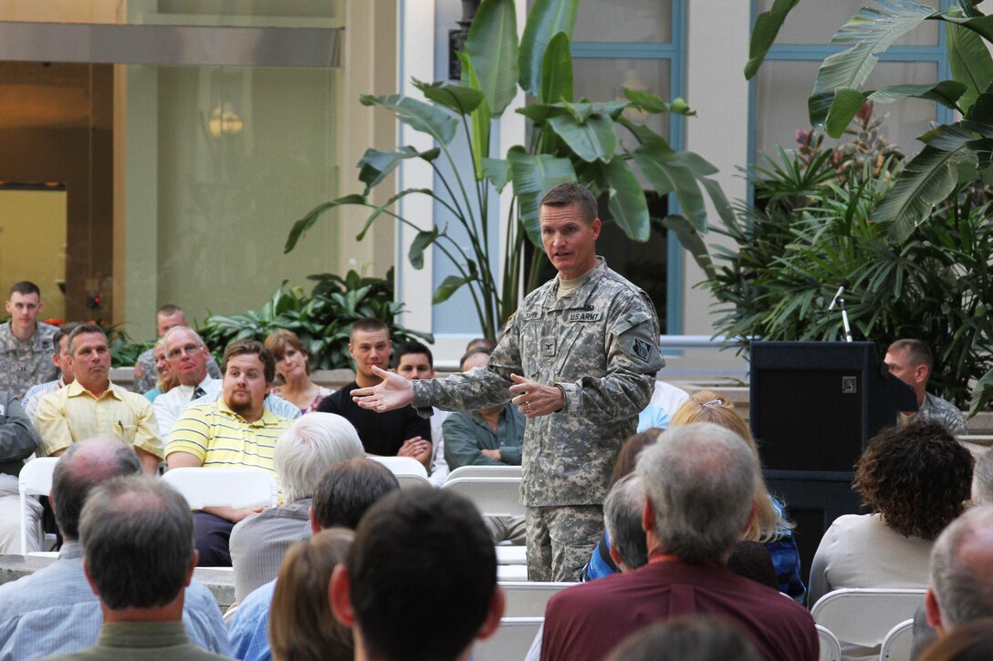 Col. Kent Savre, Commander of the North Atlantic Division, addresses Philadelphia District employees during a town hall meeting Sept. 12. 