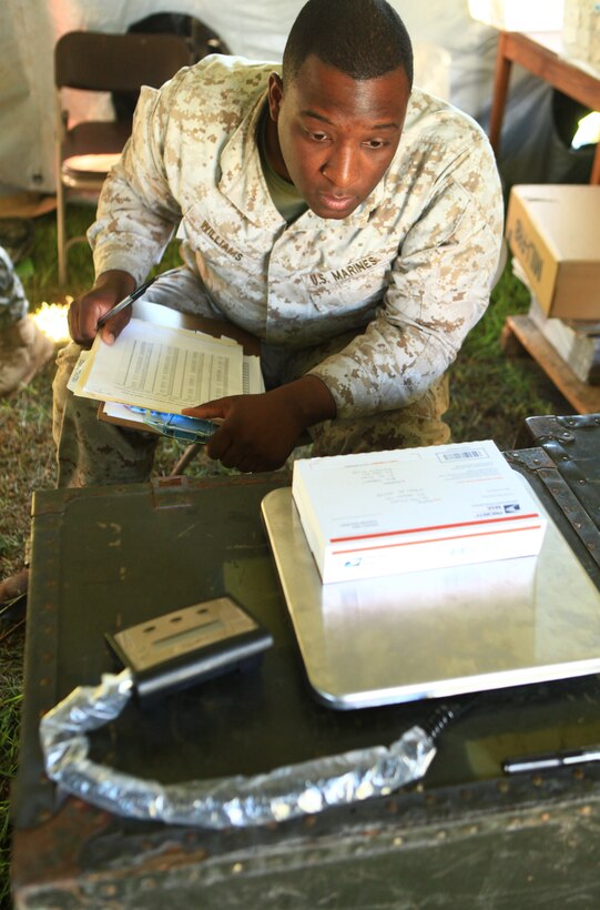 Lance Cpl. Winston Williams, a postal clerk with Combat Logistics Regiment 2, 2nd Marine Logistics Group, weighs a package at a field-expedient post office aboard Camp Lejeune, N.C., Sept 11, 2012. Marines such as Williams trained at the post office to perform postal operations without the aid of modern technologies. The Marines were forced to manually weigh, package and process each piece of mail while ensuring the packages met all necessary criteria for delivery.