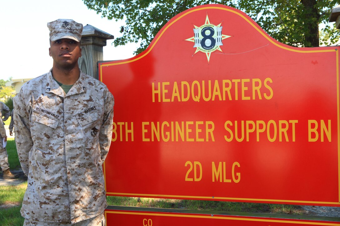 Pfc. Lawrence N. Ellington-Farley, a native of Brooklyn, N.Y., and an administrative clerk with 8th Engineer Support Battalion, 2nd Marine Logistics Group, poses for a picture after joining two other New York City Marines aboard Camp Lejeune, N.C., Sept. 10, 2012, to share his experiences before the eleventh anniversary of the Sept. 11 attacks. His father was one of the first responders at the World Trade Center. Ellington-Farley was 11 years old the day of the attack, and said he watched the tragedy unfold through the window of his school in Brooklyn. 